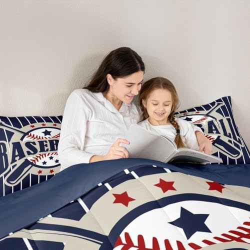 Castle Fairy Baseball Comforter Set Queen Size Kids Bedding 3Pcs for Boys Girls Men Adult Bedroom Decor Blue Black White Stripes Quilt Modern Fashion Duvet Insert,2 Pillowcases (ZZRS3575ZMD-BZ_USq)