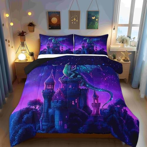 Fierce Wild Animals Bed Comforter Set Queen Size,Western Dragon Super Soft Microfiber Bedding Set for Girls Boys,Castle Mysterious Magical Theme Decorative Quilter Set