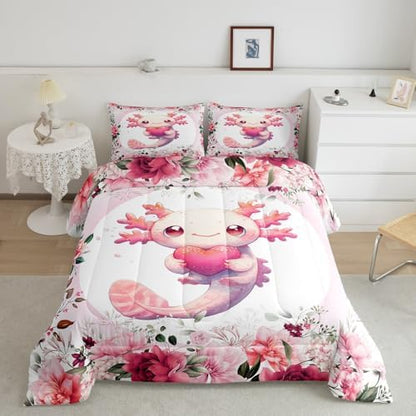 Feelyou Pink Cute Axolotl Comforter Set Toddler Kids Cartoon Salamander Bedding Set for Boys Girls Flower Floral Pattern Duvet Quilt Kawaii Reptile Animal Ocean Sealife Room Decor