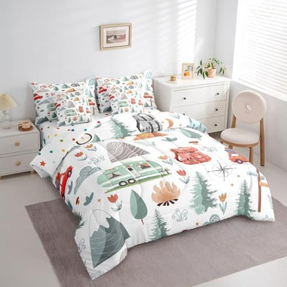 Erosebridal Kids Camper Theme 7 Pcs Comforter Set Twin Bed in a Bag,Happy Camping Bedding Set,Travel Car Rv Accessories Down Comforter,Botanical Flowers Mountain Adventure Quilt,Cute Camper Sheets