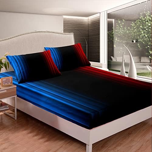 Feelyou Geometric Abstract Ombre Women Bed Sheets Kids Teens Blue Red and Black Striped Sheet Set Decor Modern Fashion Bed Set Bedroom Collection 3Pcs Twin Size