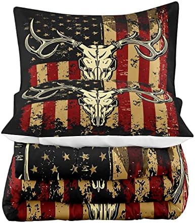LUVIVIHOME 3PCS Deer Skull Queen Comforter Set, Patriotic American Flag Comforter, 4th of July Independence Day Hunter Elk Moose Wildlife Cabin Country Rustic Hunting Bedding Quilt, 2 Pillow Shams