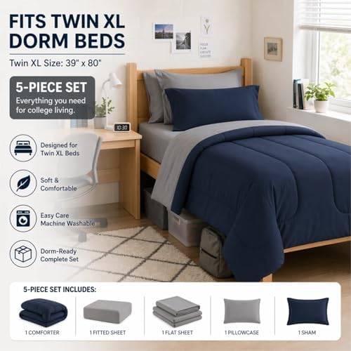 Maple&Stone Twin XL Comforter Set 5 Pieces Bed in a Bag Navy & Grey