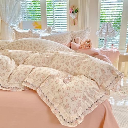 mixinni Shabby Chic Floral Duvet Cover Set Twin, 100% Cotton Cottagecore Bedding with Double Ruffle Lace Trim, Reversible Pink Rose Flower Vintage Farmhouse Comforter Cover with Zipper & Corner Ties