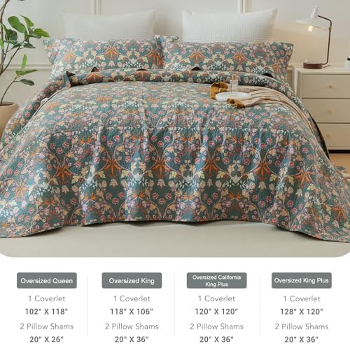 Lady Ann Oversized King Quilt Set, Vibrant Paisley Flowers Pattern Plant Botanical Printed Quilted 3 PCS 118x106 Bedspread Set,Ultra Soft 100% Cotton Coverlet with Pillow Shams,