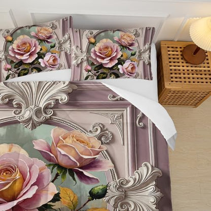 Pink and White Flower Full Size Comforter Set，Flower Bed Bedding for Kids Full Size