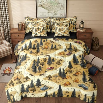 Erosebridal Camping Map Kids 7 Pcs Bedding Set King Size Camper Adventure Bed in A Bag Vintage Rv Farmhouse Comforter Set with Sheets Mountain Pine Tree Bed Sets for Boys Teens Men Bedroom Decor