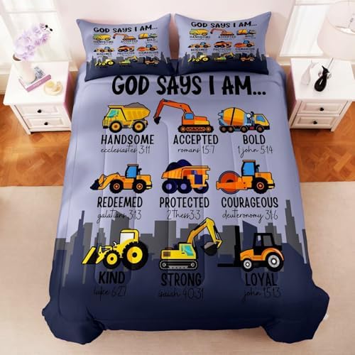 Boys Kids Construction Truck Comforter Set Queen Size,3 Piece Bed in a Bag Cars Excavators Tractor Bedding Set Construction Christian Spirational Comforter with 2 Pillowcases Gray