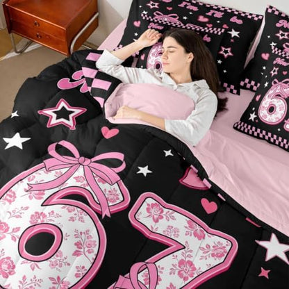 Erosebridal Cute Coquette Bow Queen Bedding Set 7 Piece for Kids Girls Cartoon 67 Bowknot Comforter Set with Sheets Pink Checkered Plaid Number Print Bed in A Bag Girly Kawaii Six Seven Bed Set