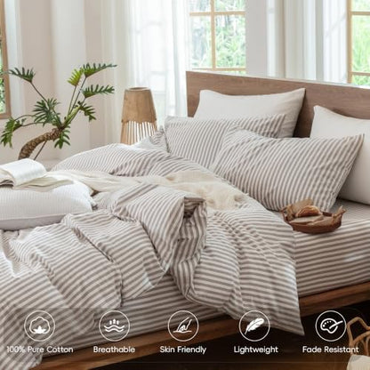 MooMee Striped Duvet Cover Set 100% Washed Cotton Linen Like Queen