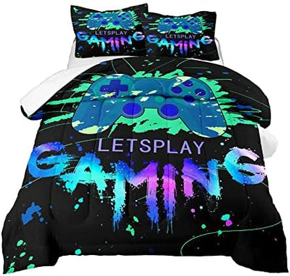 Game Comforter Set Video Gaming Bedding Sets Gamer Room Decor Queen Size Colorful Black Gamepad Soft Game Bedding Set for Boys Teen 1 Comforter and 2 Pillowcases