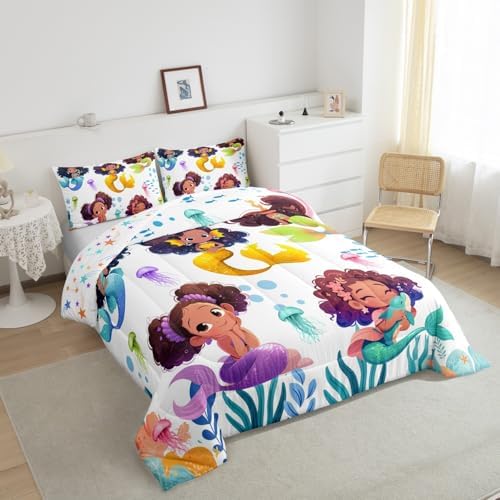 Homewish Cute Black Girl Mermaid Comforter Set Full Size,Watercolor Coral Jellyfish Bedding Set for Kids Girls Teens Room Decor,African Black Girls Quilt Set Colorful Sea Life Duvet Insert 3Pcs