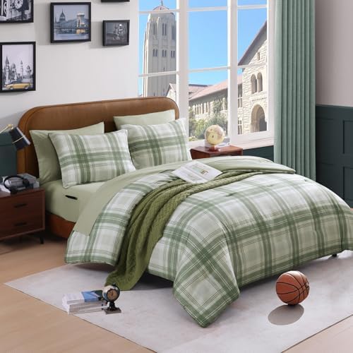 Plaid Full Comforter Set Green 7 Pieces Bed in a Bag for Boys Girls Teen