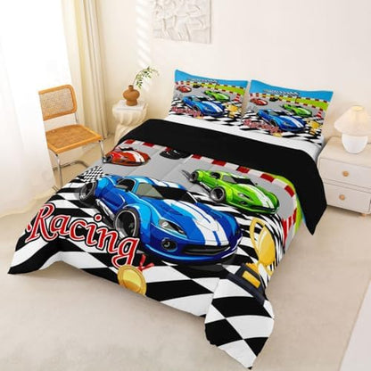 Feelyou Speed Sports Car Bedding Set Soft for Boys Girls, Steering Wheel Comforter Set King Size Racing Duvet Quilt Microfiber Extreme Sports Bedroom Decor Automobile 3 Pcs with 2 Pillow Cases