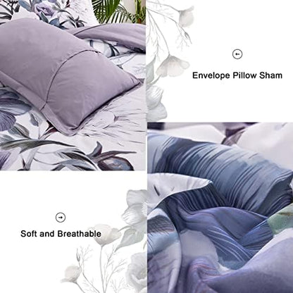Luxudecor Floral Comforter Set Twin Size 5 Piece, Purple Flower Bed in a Bag, Elegant Floral Comforter with Sheet Set, Soft Microfiber Bedding Set for All Season (Purple, 68"x86")