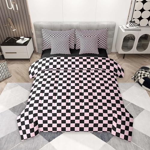 jejeloiu Pink Black Plaid Comforter Set with Sheets 7 Piece Queen Size Checkered Classic Bedding Set for Kids Boys Girls Grid Geometric Bed in a Bag Room Decor Soft Lightweight Microfiber