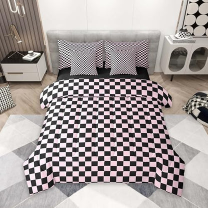 jejeloiu Pink Black Plaid Comforter Set with Sheets 7 Piece Queen Size Checkered Classic Bedding Set for Kids Boys Girls Grid Geometric Bed in a Bag Room Decor Soft Lightweight Microfiber
