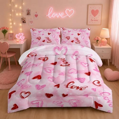 Nttopship Pink Love Heart Comforter Bedding Set with 2 Pillowcase King Size Pink Girl Comforter Set for Kids Boys Girls Bedroom Decor
