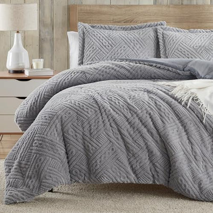 Homelike Moment Fleece King Comforter Set, Fluffy Bed Set 3 Piece Grey