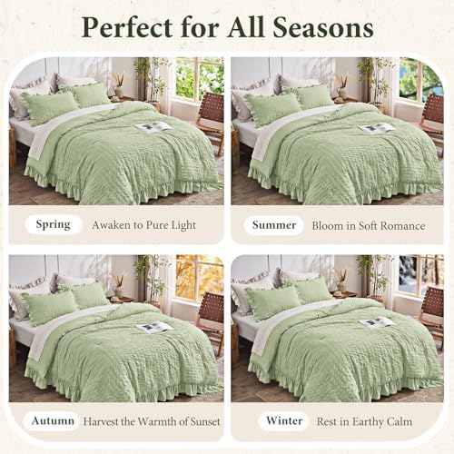 JOLLYVOGUE Sage Green Oversized Queen Comforter Set,3pcs Seersucker Bed Set