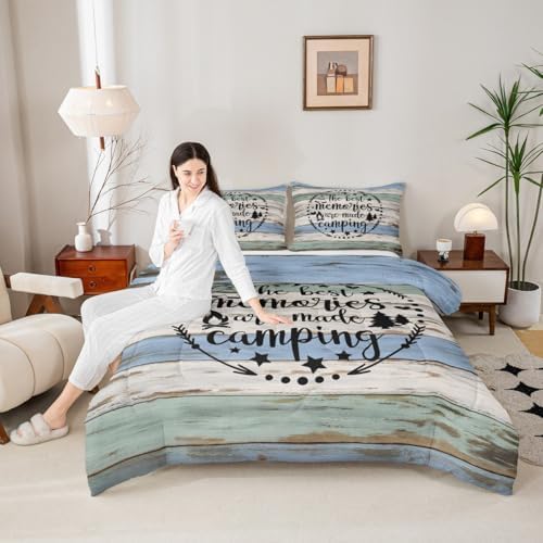 Happy Camping Comforter Set Queen,Boho Arrows Black Sketch Bedding Set 3pcs for Kids Teens Adults Room Decor,Teal Old Wood Board Quilt Set,Rustic Farmhouse Duvet Insert with 2 Pillowcases