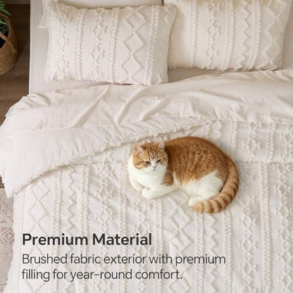 BEDELITE Queen Comforter Set 7 Pieces,Boho Bed in a Bag,Cream White