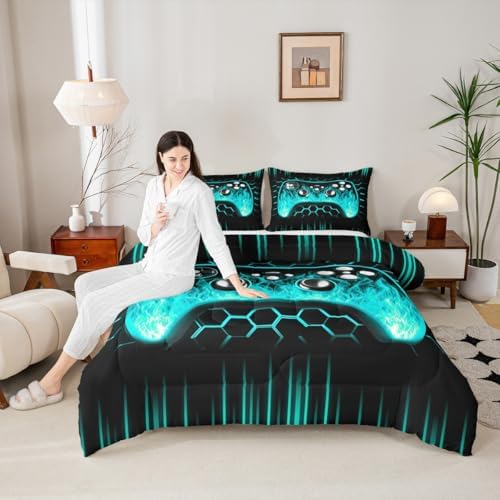 Erosebridal Ombre Art Honeycomb Gaming Consoles Bedding Set Teal Neon Lights Game Consoles King Size Comforter Set Geometry Hexagon Beehive Duvet Insert Gamer Room Decor for Boys