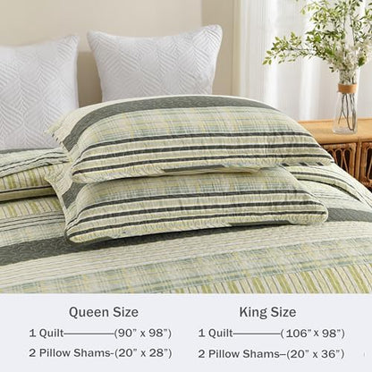 Homzard 100% Cotton Quilt King Size, Green Yellow Striped Plaid Quilt Bedding Set,Olive Green Lightweight Soft Farmhouse Bedspread Coverlet,Summer Spring Lightweight King Size Comforter Set 3 Pieces