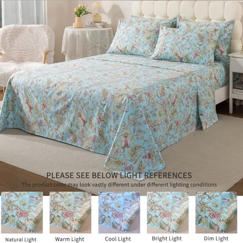 FADFAY Full Sheet Set 4 Piece 100% Egyptian Cotton Bed Sheets Deep Pocket, Soft Breathable Vintage Blue French Country Bedding Shabby Cottagecore Floral Bedding Luxury Hotel Quality for All Seasons