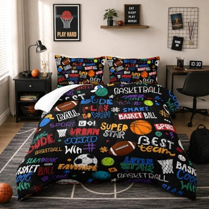 Nttopship Sports Ball Full Comforter Set,Football Rugby Basketball Bedding Set for Kids Boys Girls Youth Ball Sports Themed Bedroom Decor Bedding Set 3 Pcs Bed in A Bag (1 Comforter, 2 Pillow Case)