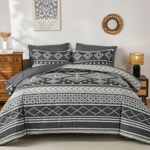 Yiran Boho Comforter Set King Size, 7 Pieces Aztec Grey Bed in a Bag