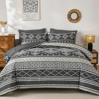 Yiran Boho Comforter Set King Size, 7 Pieces Aztec Grey Bed in a Bag