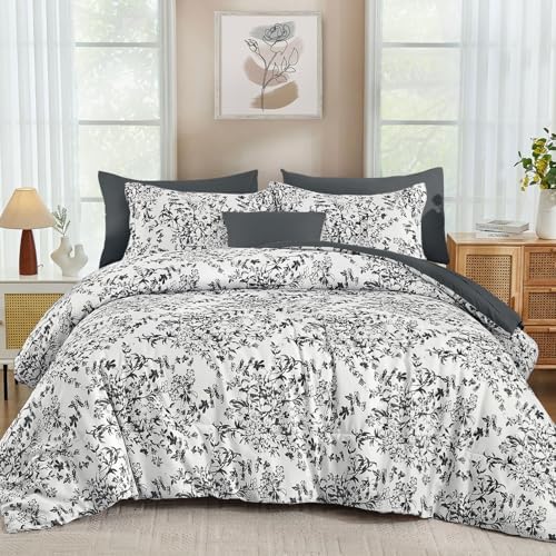 8 Pieces Floral Comforter Set Queen Size Black Gray Bed in a Bag Bedding