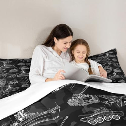 Manfei War Theme Comforter Set Full Size, Aircraft Tank Ship Down Comforter with 2 Pillowcases, Black Army Camouflage Bedding Set 3pcs for Kids Boys Teen Bedroom Decor Lightweight Duvet Insert