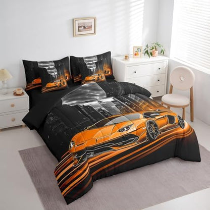 Feelyou Orange Race Car Comforter Set with Sheets King Size Kids Speed Sports Car 7 Pieces Bedding Set Boys Girls Teens Racing Car Bed in a Bag Extreme Sports Street Bed Set Gothic Modern City