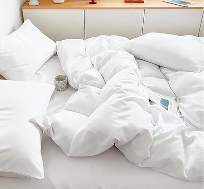 Houseri Fluffy Plain White Bedding Comforter Set - Queen Size Puffy Lightweight Soft Solid Color Bed Quilts - Cozy Women Men Girls Boys Pure White Hotel Dorm Comforter Set