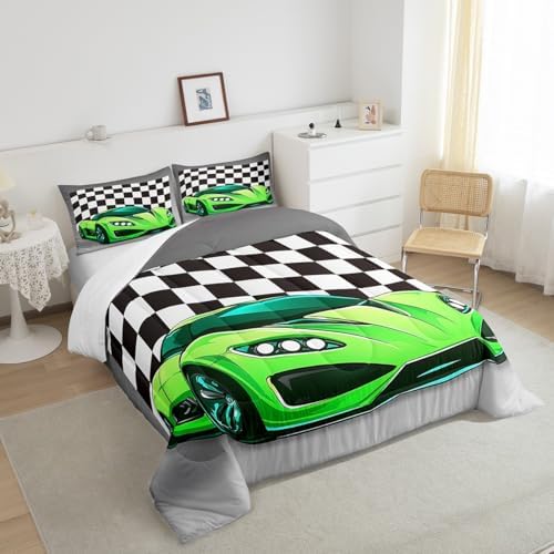 Racing Car Comforter Set, Cool Speed Race Car Down Comforter Full for Kids Boys Girls Teens Bedroom, Automobile Extreme Sport Bedding Set Plaid Checkered Duvet Sets with 2 Pillowcases, Grey Green