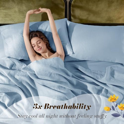 SONORO KATE 100% French Linen Cal King Size Sheets Set,Natural Flax Bedding