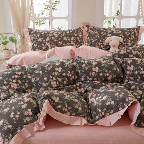 mixinni Vintage Floral Duvet Cover Set Full Size – 100% Cotton Ruffle Lace Bedding, Pink Rose Flower and Green Leaf Print, Reversible Stripes Pattern, Grandmillennial Cottagecore Aesthetic 3Pcs