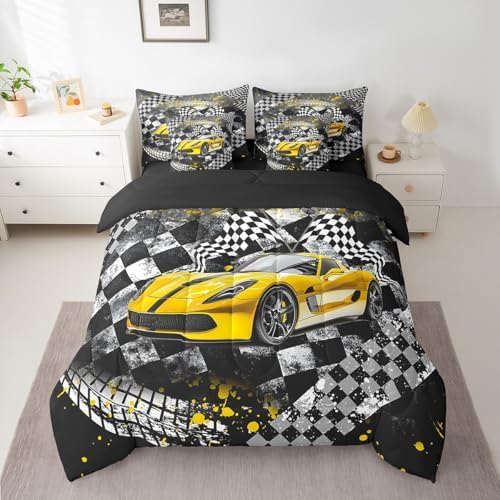 Castle Fairy Yellow Race Car Comforter Set Bed in a Bag 7 Pieces Queen,Black Yellow Grey Racing Themed Bedding Set,Cool Race Car (Comforter+Fitted+Flat Sheet+2 Pillowcases+2 Throw Pillow Covers)