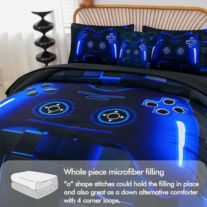 PERFEMET 6 Pieces Kids Game Comforter Set Full Size Blue Gamer Bedding Set for Boys Teen 3D Cool Black Video Gaming Bed in A Bag with Sheets(Blue, Full)
