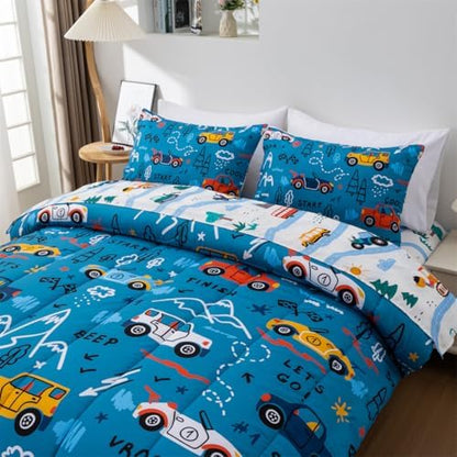 NTBED 5 Pieces Race Car Comforter Set Full for Boys Kids Bed in a Bag Vehicles Transportation Lightweight Microfiber Bedding Sets,Blue