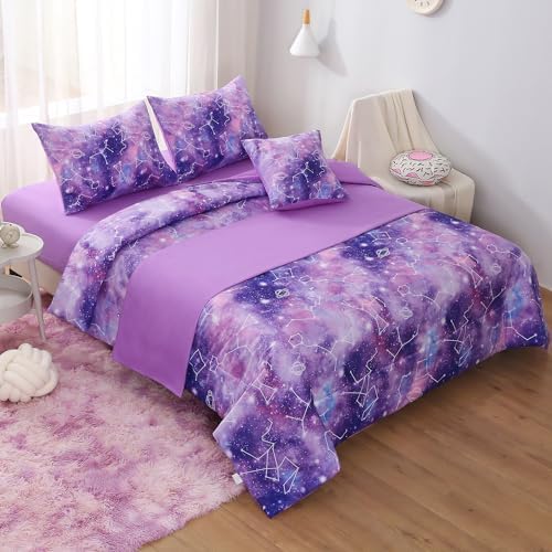 JQinHome Twin Gradient Galaxy Comforter Set for Girls,6 Piece Bed in A Bag 3D Colorful Tie Dye Constellation Print Ombre Bedding Set (Purple)