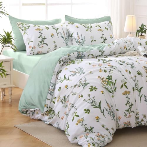 MUXHOMO California King Comforter Set, Green Elegant Floral Print Bed in a Bag 7 Pieces, Ultra Soft & Breathable Reversible Botanical Pattern Bedding Set with Comforter, Sheets, Pillowcases, and Shams