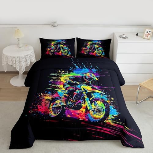 Feelyou Motocross Comforter Set King Dirt Bike Bedding Set for Kids Boys Girls Colorful Splatter Art Duvet Quilt Motorcycle Bedroom Decor Extreme Sports Microfiber 3 Pcs with 2 Pillow Cases