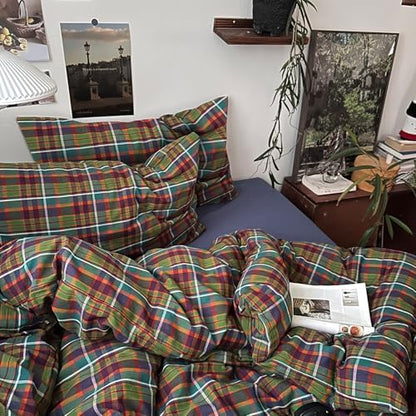 mixinni Buffalo Plaid Duvet Cover King Size - 100% Washed Cotton 3-Piece Bedding Set for All Seasons, Retro Grid Design, Soft Breathable Comforter Cover with Zipper Ties for Men, Women-King Size