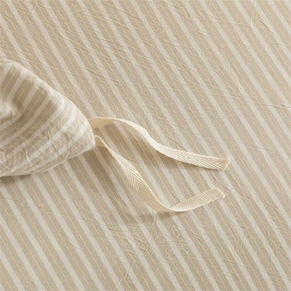 JIYUAN King Washed Cotton Duvet Cover Set, 3-Piece, Linen-Like Pinstripe