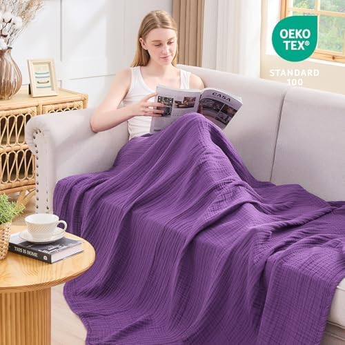 EMME Muslin Blankets for Adults Throw Blanket for Couch Breathable Gauze Soft Lightweight Airy Purple Queen 90" x 90"