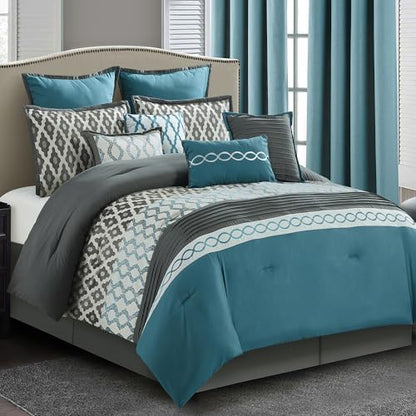 LANCO MODERN LIFESTYLE King Size Comforter Set, Blue, 12 Piece Room in a Bag for All Seasons, Luxury Extreme Comfort Bedding Sets with Curtains, Bedskirt, Pillow Shams, Euro Shams and Decor Pillows