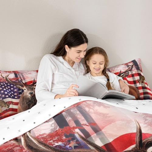 American Flag Comforter Set, Cute Deer Down Comforter Queen For Kids Boys Teens, United States Bedding Set Usa Federations Stars Duvet Sets Geometric Stripes Bedroom Decor With 2 Pillowcases